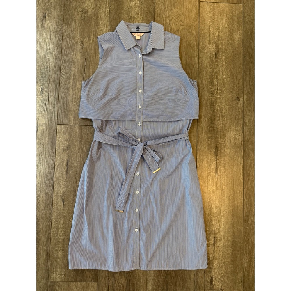 Brooks Brothers Red Fleece Blue White Pin Striped Sleeveless Cape Shirt Dress 8